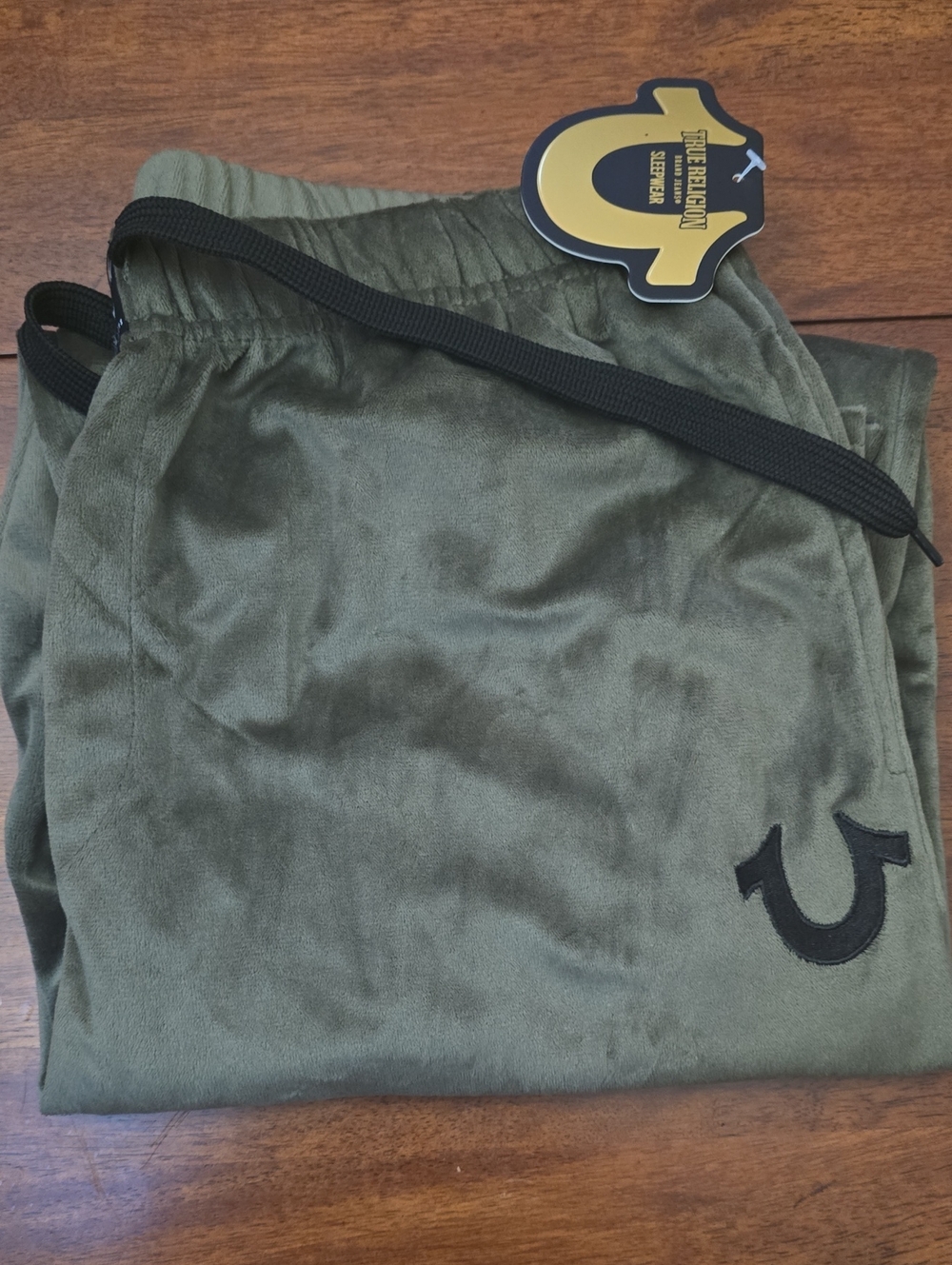True Religion Olive Green Velour Joggers with Black Drawstring